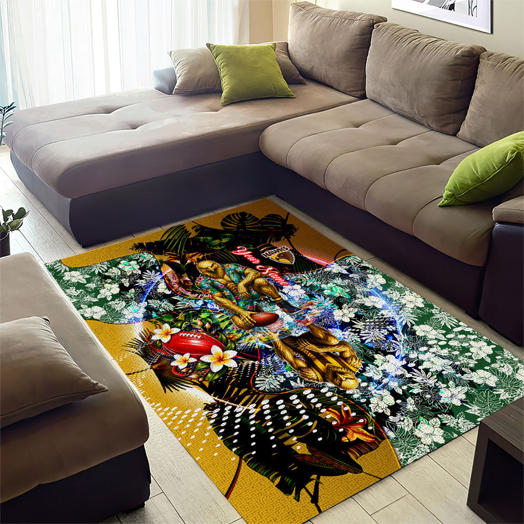 Personalized Hawthorn Football Hawks Area Rug Tropical Hibiscus Flowers - Pacific Fusion Style