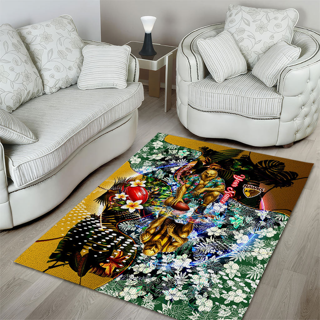 Personalized Hawthorn Football Hawks Area Rug Tropical Hibiscus Flowers - Pacific Fusion Style