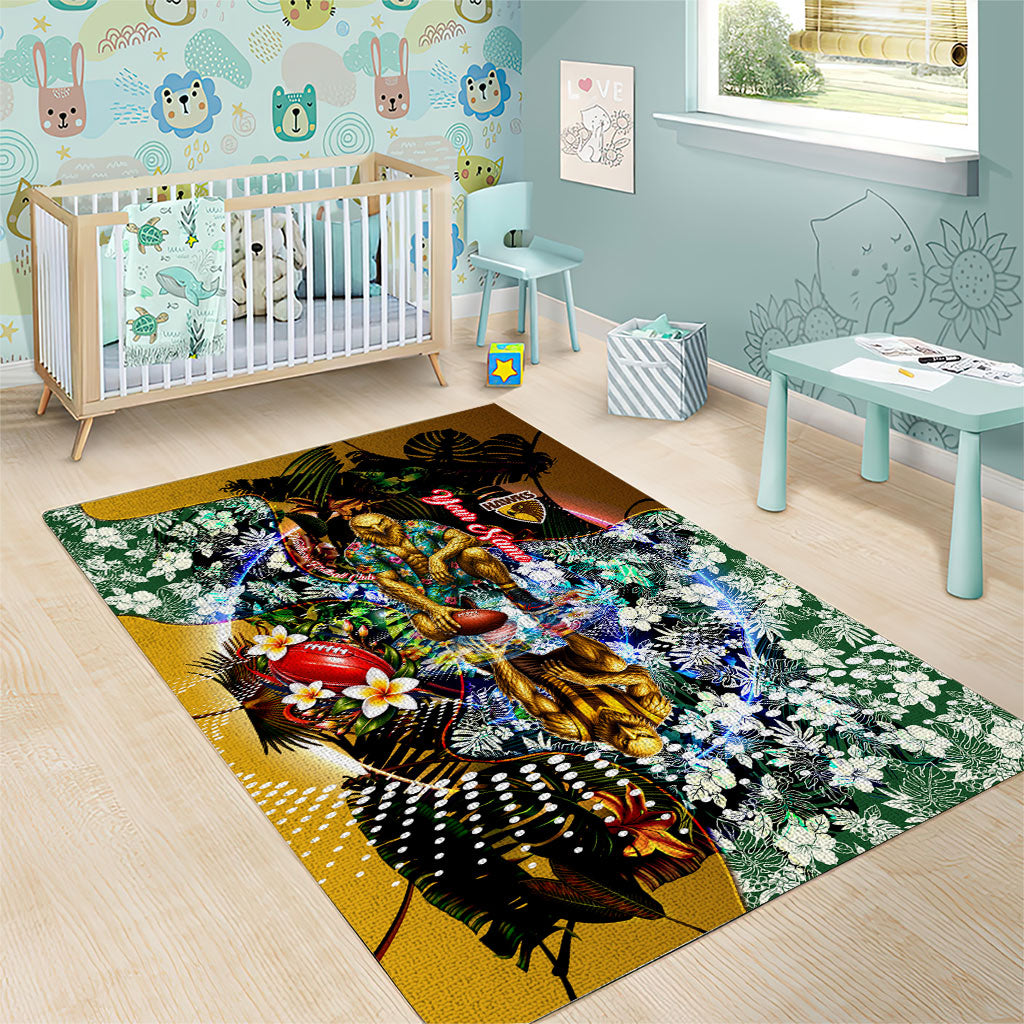 Personalized Hawthorn Football Hawks Area Rug Tropical Hibiscus Flowers - Pacific Fusion Style