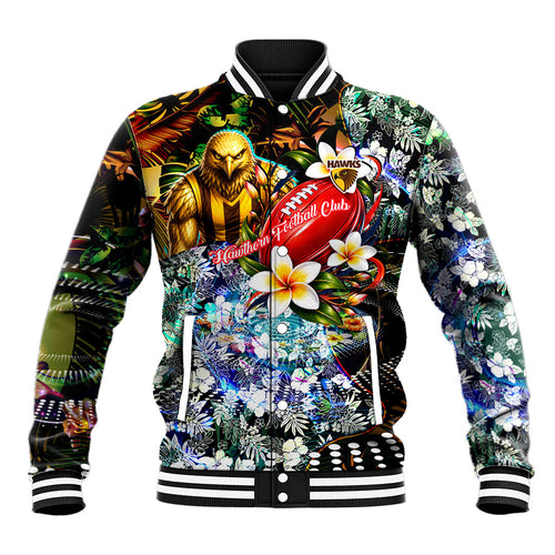 Personalized Hawthorn Football Hawks Baseball Jacket Tropical Hibiscus Flowers - Pacific Fusion Style