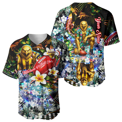Personalized Hawthorn Football Hawks Baseball Jersey Tropical Hibiscus Flowers - Pacific Fusion Style