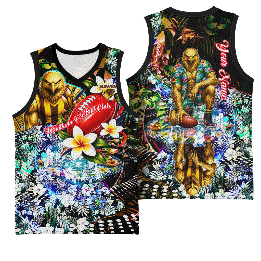 Personalized Hawthorn Football Hawks Basketball Jersey Tropical Hibiscus Flowers - Pacific Fusion Style