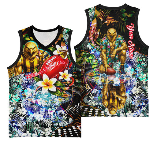 Personalized Hawthorn Football Hawks Basketball Jersey Tropical Hibiscus Flowers - Pacific Fusion Style
