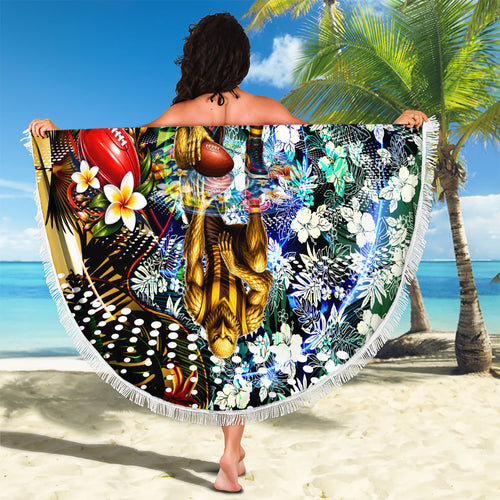 Personalized Hawthorn Football Hawks Beach Blanket Tropical Hibiscus Flowers - Pacific Fusion Style