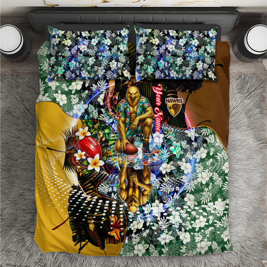 Personalized Hawthorn Football Hawks Bedding Set Tropical Hibiscus Flowers - Pacific Fusion Style