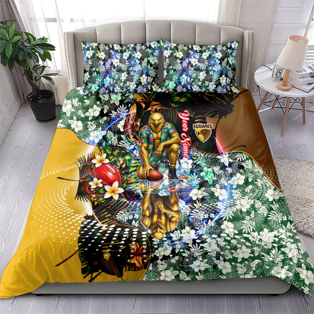 Personalized Hawthorn Football Hawks Bedding Set Tropical Hibiscus Flowers - Pacific Fusion Style