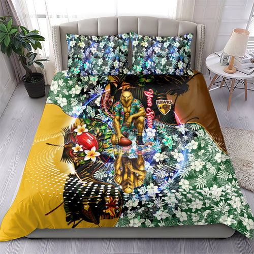 Personalized Hawthorn Football Hawks Bedding Set Tropical Hibiscus Flowers - Pacific Fusion Style