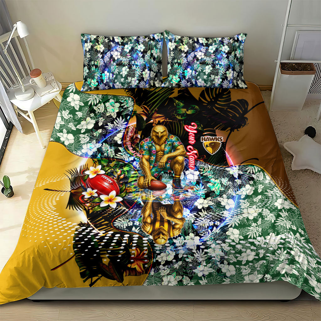 Personalized Hawthorn Football Hawks Bedding Set Tropical Hibiscus Flowers - Pacific Fusion Style