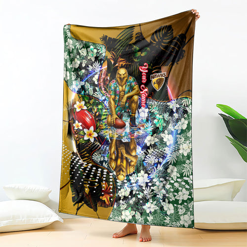 Personalized Hawthorn Football Hawks Blanket Tropical Hibiscus Flowers - Pacific Fusion Style