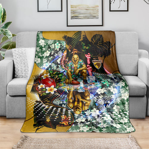 Personalized Hawthorn Football Hawks Blanket Tropical Hibiscus Flowers - Pacific Fusion Style