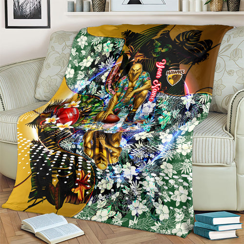 Personalized Hawthorn Football Hawks Blanket Tropical Hibiscus Flowers - Pacific Fusion Style