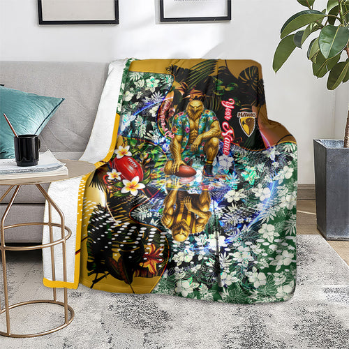 Personalized Hawthorn Football Hawks Blanket Tropical Hibiscus Flowers - Pacific Fusion Style