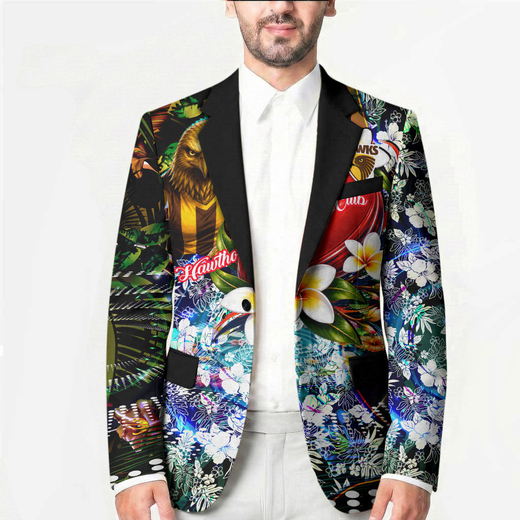 Personalized Hawthorn Football Hawks Blazer Tropical Hibiscus Flowers - Pacific Fusion Style