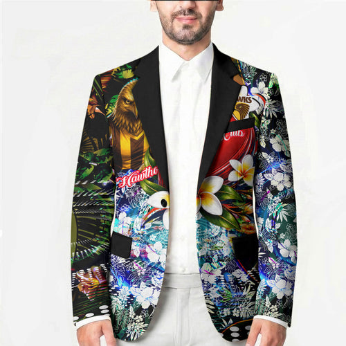 Personalized Hawthorn Football Hawks Blazer Tropical Hibiscus Flowers - Pacific Fusion Style
