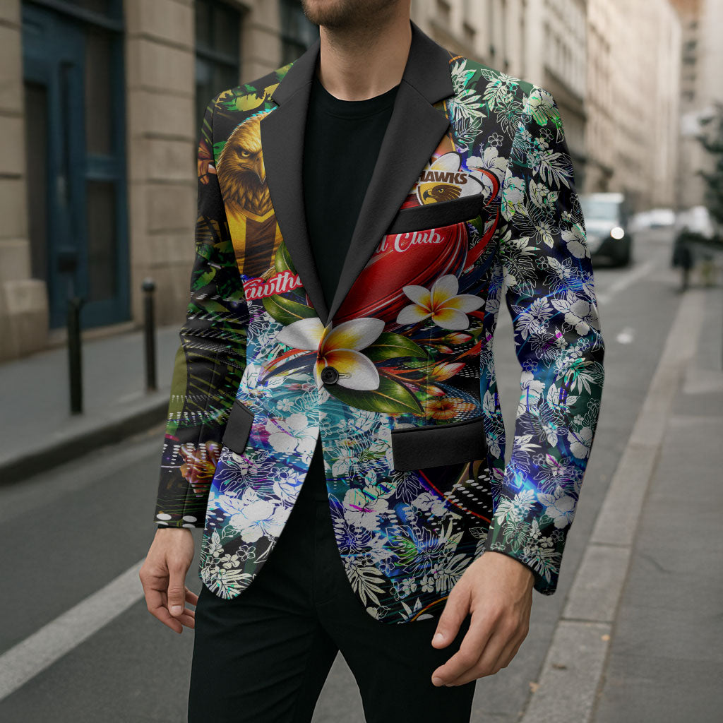 Personalized Hawthorn Football Hawks Blazer Tropical Hibiscus Flowers - Pacific Fusion Style