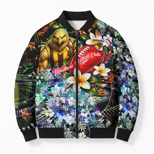 Personalized Hawthorn Football Hawks Bomber Puffer Jacket Tropical Hibiscus Flowers - Pacific Fusion Style