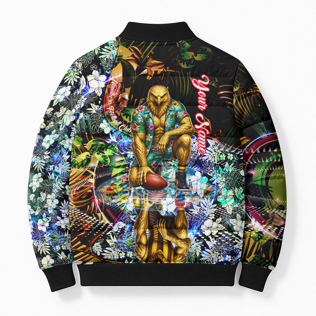 Personalized Hawthorn Football Hawks Bomber Puffer Jacket Tropical Hibiscus Flowers - Pacific Fusion Style