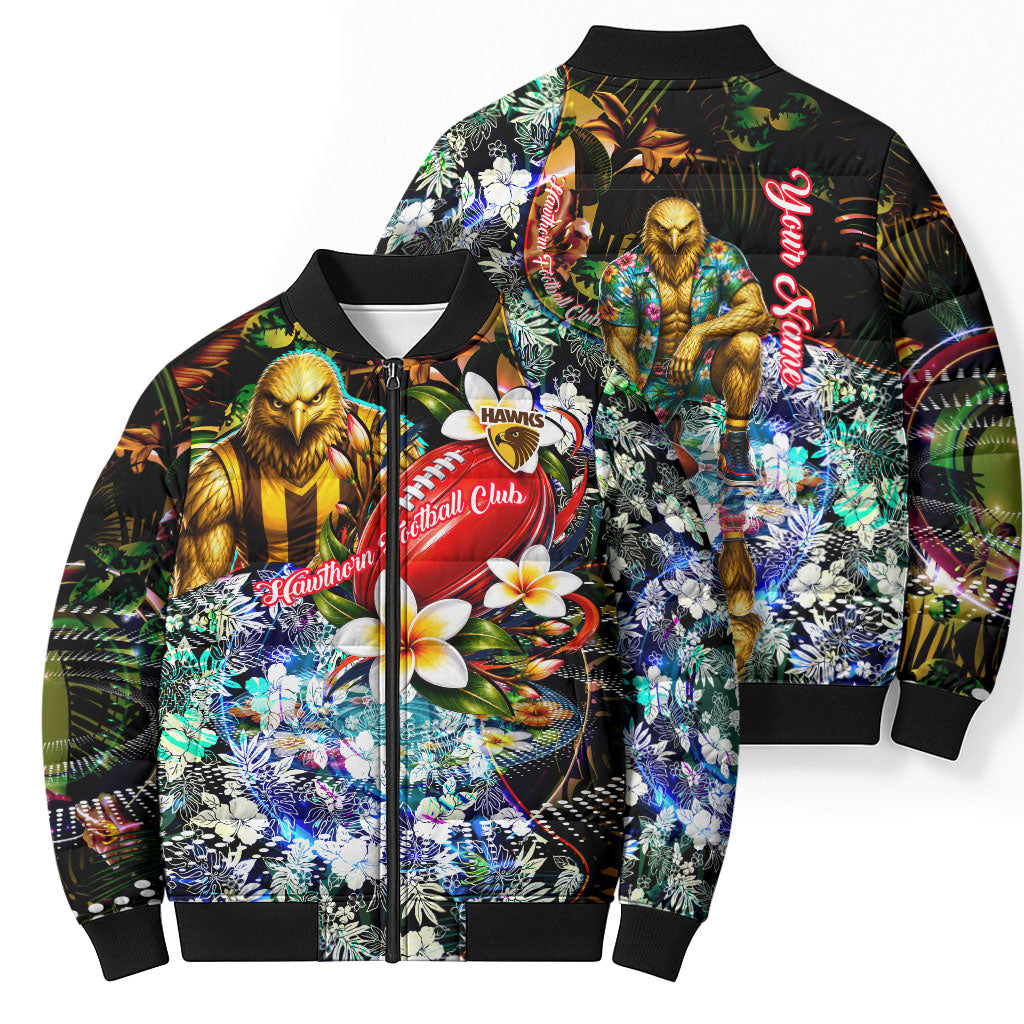 Personalized Hawthorn Football Hawks Bomber Puffer Jacket Tropical Hibiscus Flowers - Pacific Fusion Style