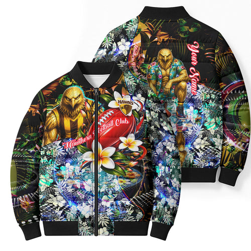 Personalized Hawthorn Football Hawks Bomber Puffer Jacket Tropical Hibiscus Flowers - Pacific Fusion Style