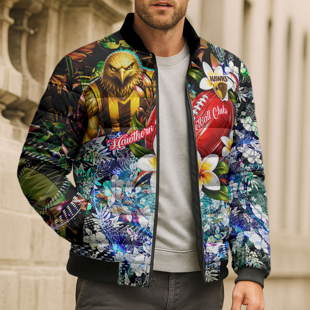 Personalized Hawthorn Football Hawks Bomber Puffer Jacket Tropical Hibiscus Flowers - Pacific Fusion Style