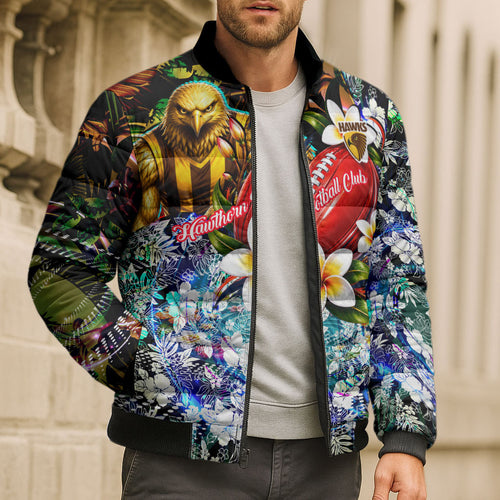 Personalized Hawthorn Football Hawks Bomber Puffer Jacket Tropical Hibiscus Flowers - Pacific Fusion Style