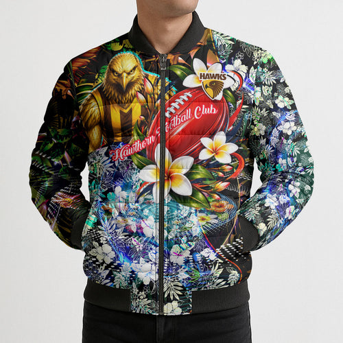 Personalized Hawthorn Football Hawks Bomber Puffer Jacket Tropical Hibiscus Flowers - Pacific Fusion Style
