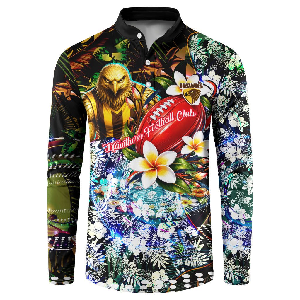 Personalized Hawthorn Football Hawks Button Sweatshirt Tropical Hibiscus Flowers - Pacific Fusion Style