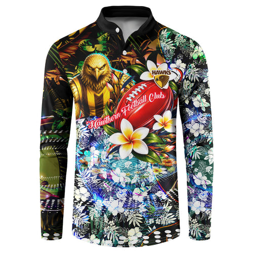 Personalized Hawthorn Football Hawks Button Sweatshirt Tropical Hibiscus Flowers - Pacific Fusion Style
