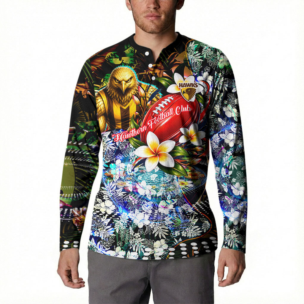 Personalized Hawthorn Football Hawks Button Sweatshirt Tropical Hibiscus Flowers - Pacific Fusion Style