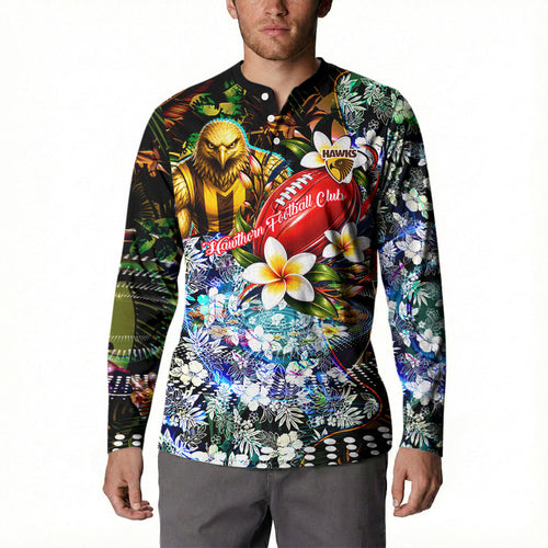Personalized Hawthorn Football Hawks Button Sweatshirt Tropical Hibiscus Flowers - Pacific Fusion Style