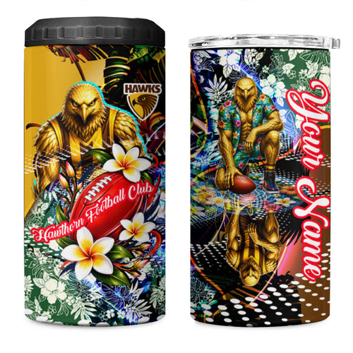 Personalized Hawthorn Football Hawks 4 in 1 Can Cooler Tumbler Tropical Hibiscus Flowers - Pacific Fusion Style