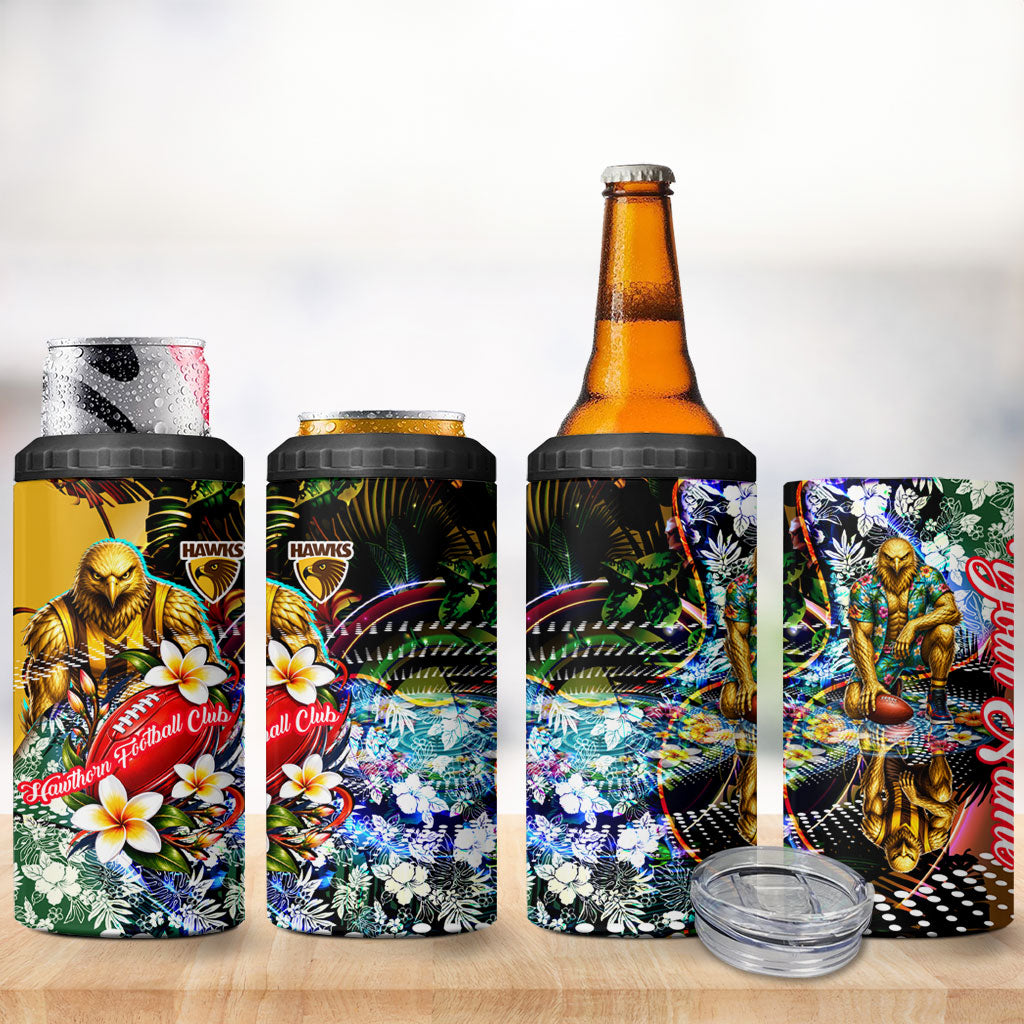 Personalized Hawthorn Football Hawks 4 in 1 Can Cooler Tumbler Tropical Hibiscus Flowers - Pacific Fusion Style