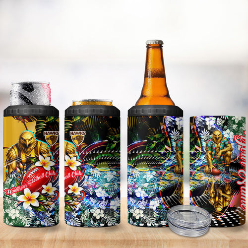 Personalized Hawthorn Football Hawks 4 in 1 Can Cooler Tumbler Tropical Hibiscus Flowers - Pacific Fusion Style