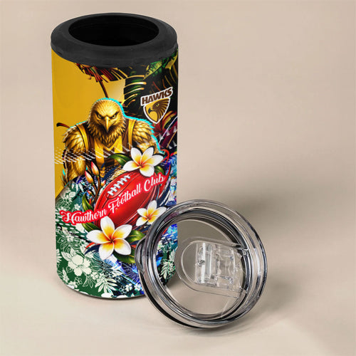 Personalized Hawthorn Football Hawks 4 in 1 Can Cooler Tumbler Tropical Hibiscus Flowers - Pacific Fusion Style