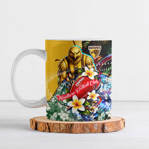 Personalized Hawthorn Football Hawks Ceramic Mug Tropical Hibiscus Flowers - Pacific Fusion Style