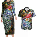 Personalized Hawthorn Football Hawks Couples Matching Long Sleeve Bodycon Dress and Hawaiian Shirt Tropical Hibiscus Flowers - Pacific Fusion Style