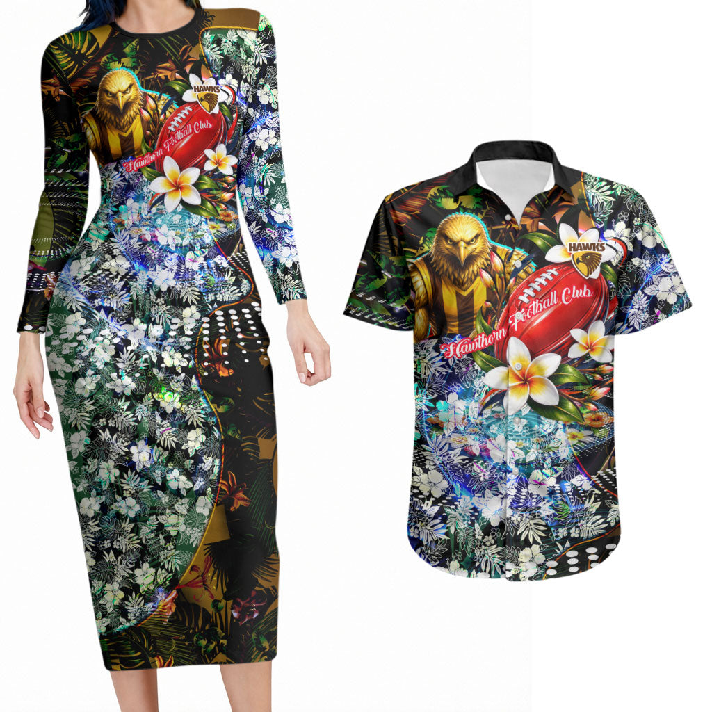 Personalized Hawthorn Football Hawks Couples Matching Long Sleeve Bodycon Dress and Hawaiian Shirt Tropical Hibiscus Flowers - Pacific Fusion Style