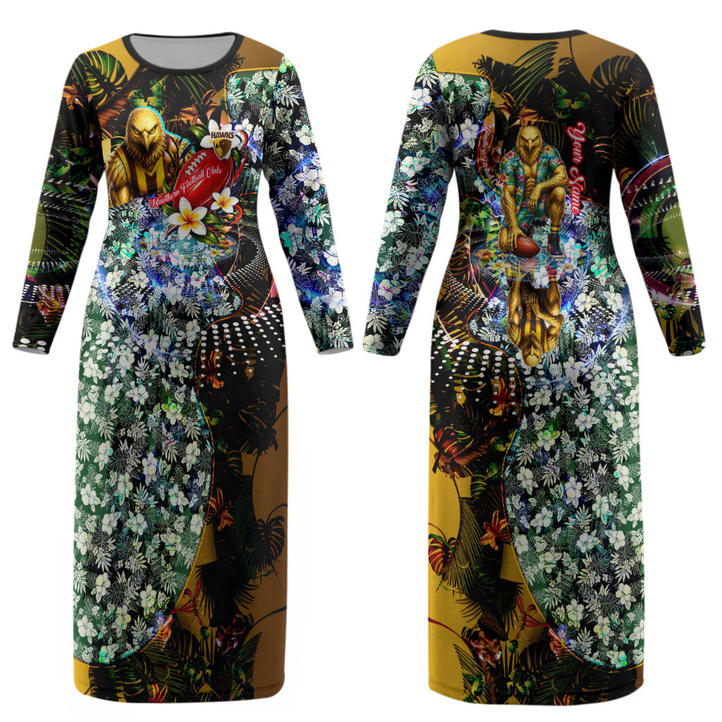 Personalized Hawthorn Football Hawks Couples Matching Long Sleeve Bodycon Dress and Hawaiian Shirt Tropical Hibiscus Flowers - Pacific Fusion Style