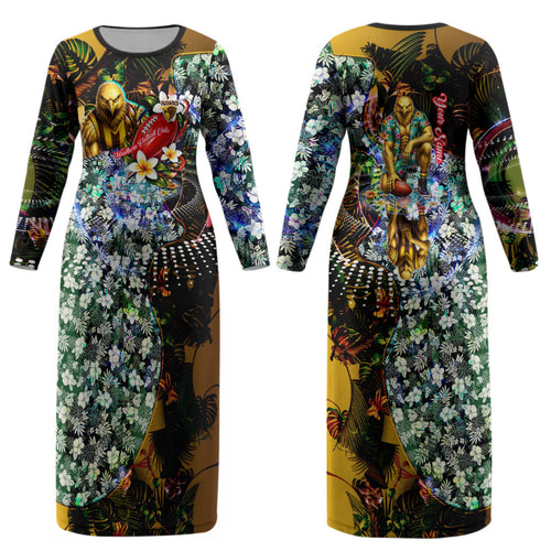 Personalized Hawthorn Football Hawks Couples Matching Long Sleeve Bodycon Dress and Hawaiian Shirt Tropical Hibiscus Flowers - Pacific Fusion Style
