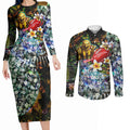 Personalized Hawthorn Football Hawks Couples Matching Long Sleeve Bodycon Dress and Long Sleeve Button Shirt Tropical Hibiscus Flowers - Pacific Fusion Style