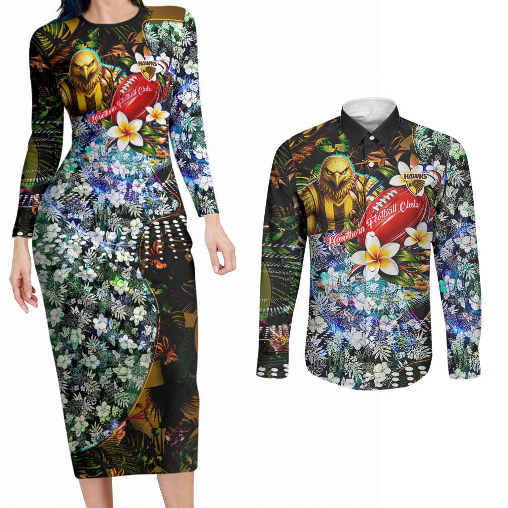 Personalized Hawthorn Football Hawks Couples Matching Long Sleeve Bodycon Dress and Long Sleeve Button Shirt Tropical Hibiscus Flowers - Pacific Fusion Style