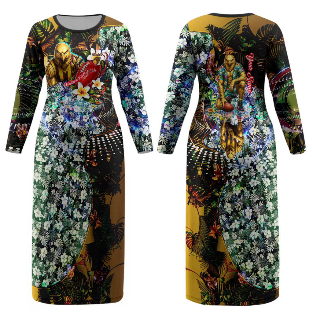Personalized Hawthorn Football Hawks Couples Matching Long Sleeve Bodycon Dress and Long Sleeve Button Shirt Tropical Hibiscus Flowers - Pacific Fusion Style