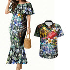 Personalized Hawthorn Football Hawks Couples Matching Mermaid Dress and Hawaiian Shirt Tropical Hibiscus Flowers - Pacific Fusion Style