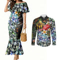 Personalized Hawthorn Football Hawks Couples Matching Mermaid Dress and Long Sleeve Button Shirt Tropical Hibiscus Flowers - Pacific Fusion Style