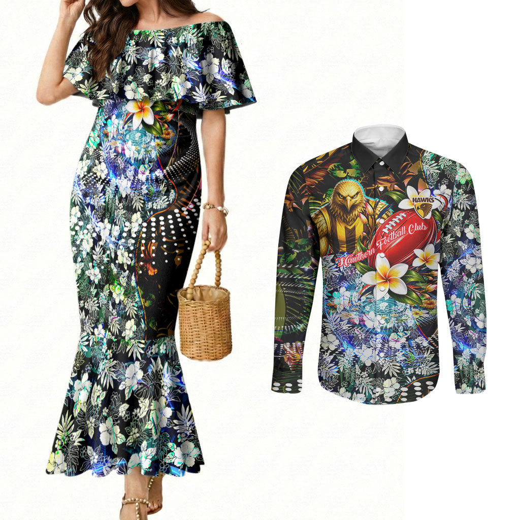 Personalized Hawthorn Football Hawks Couples Matching Mermaid Dress and Long Sleeve Button Shirt Tropical Hibiscus Flowers - Pacific Fusion Style