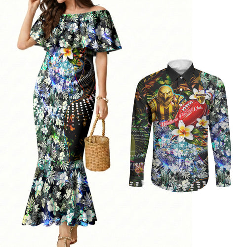 Personalized Hawthorn Football Hawks Couples Matching Mermaid Dress and Long Sleeve Button Shirt Tropical Hibiscus Flowers - Pacific Fusion Style