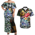Personalized Hawthorn Football Hawks Couples Matching Off Shoulder Maxi Dress and Hawaiian Shirt Tropical Hibiscus Flowers - Pacific Fusion Style