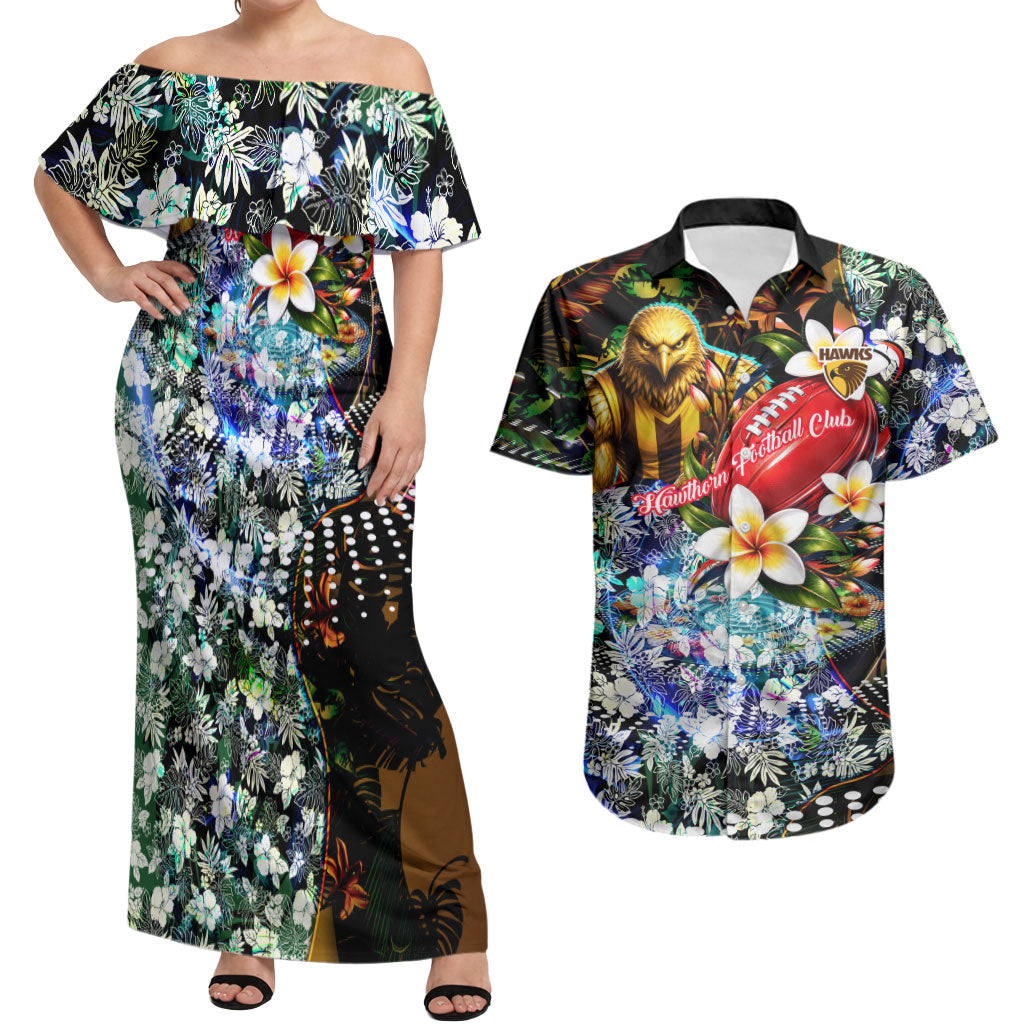 Personalized Hawthorn Football Hawks Couples Matching Off Shoulder Maxi Dress and Hawaiian Shirt Tropical Hibiscus Flowers - Pacific Fusion Style