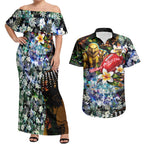 Personalized Hawthorn Football Hawks Couples Matching Off Shoulder Maxi Dress and Hawaiian Shirt Tropical Hibiscus Flowers - Pacific Fusion Style