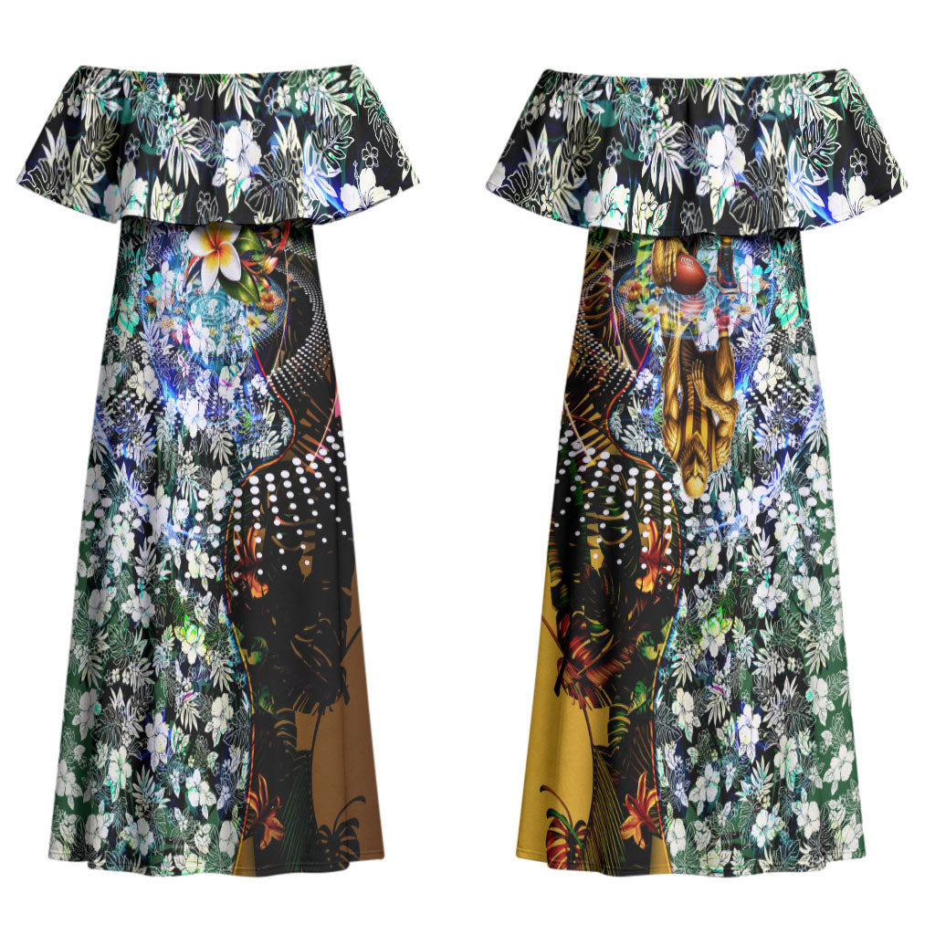 Personalized Hawthorn Football Hawks Couples Matching Off Shoulder Maxi Dress and Hawaiian Shirt Tropical Hibiscus Flowers - Pacific Fusion Style